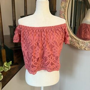 Express Lace Off-Shoulder Crop Top - Coral